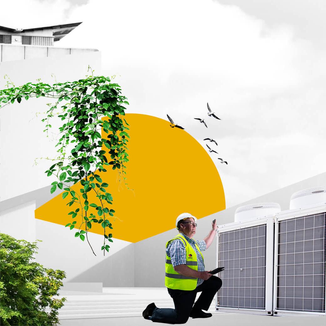 A gpk电子 engineer looks at a heating fan, with greenery and a yellow sun behind