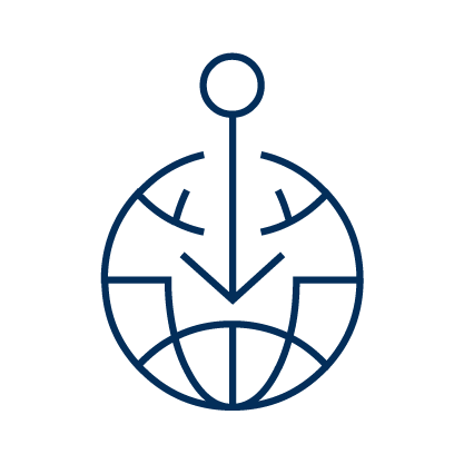 Blue illustration outline of a globe with a downward arrow at the top