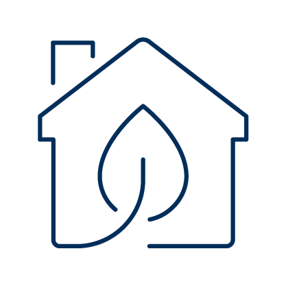 Blue illustration outline of a leaf inside a house