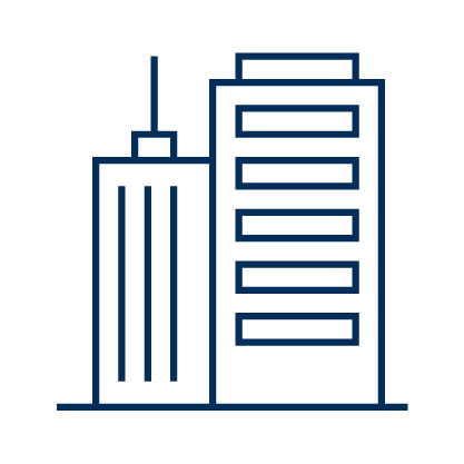 Blue illustration outline of two high-rise urban buildings