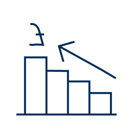 Blue illustration outline of a bar chart showing increasing steps, with an arrow pointing upwards to a £ symbol