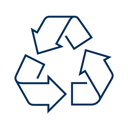 Blue illustration outline of a UK recycling symbol, three arrows pointing at each other in a circular triangle shape