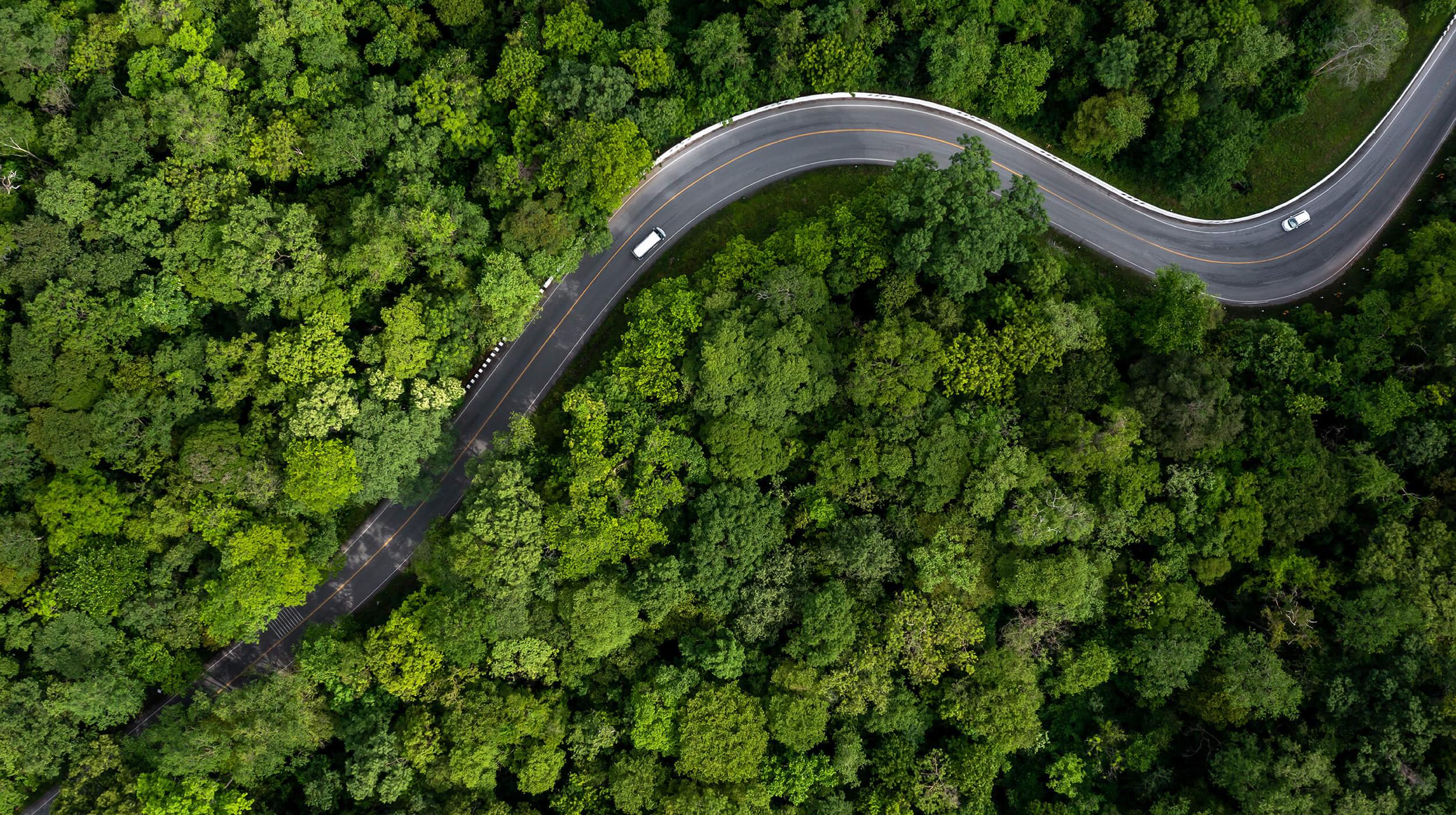 鸟瞰图，汽车行驶在弯曲的道路上，穿过周围的绿色森林